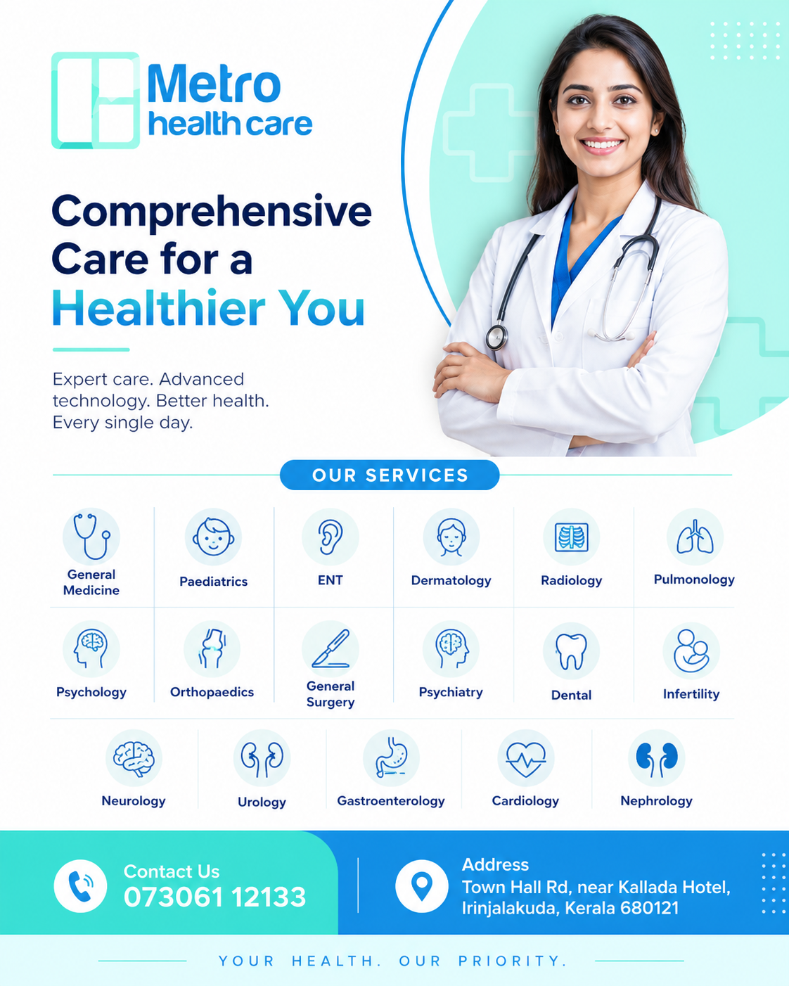 Metro Health Care Irinjalakuda in ഇരിഞ്ഞാലക്കുട, Avittathur-Irinjalakuda(Kaleettumkara)Railway road, വല്ലക്കുന്ന്, Chalakkudy, തൃശൂര് ജില്ല, Kerala, 680683, India